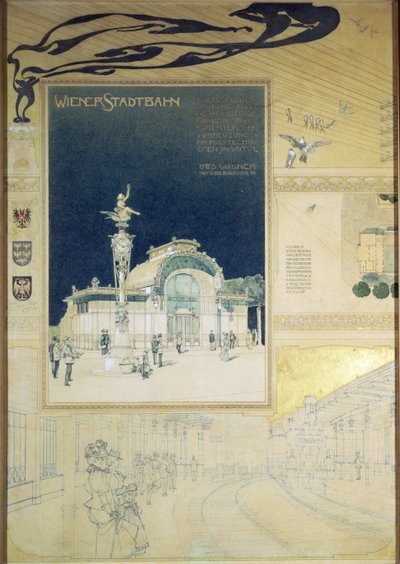 El Pabellón Stadtbahn del Ferrocarril Subterráneo de Viena, diseño que muestra el exterior y una vista de la plataforma del ferrocarril, c.1894-97 de Otto Wagner
